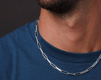 Sterling Silver Jewelry for Men - Elongated oval or clip chain necklace for guys - 18, 20, 22 and 24 inches short of long. Men Jewelry Gifts