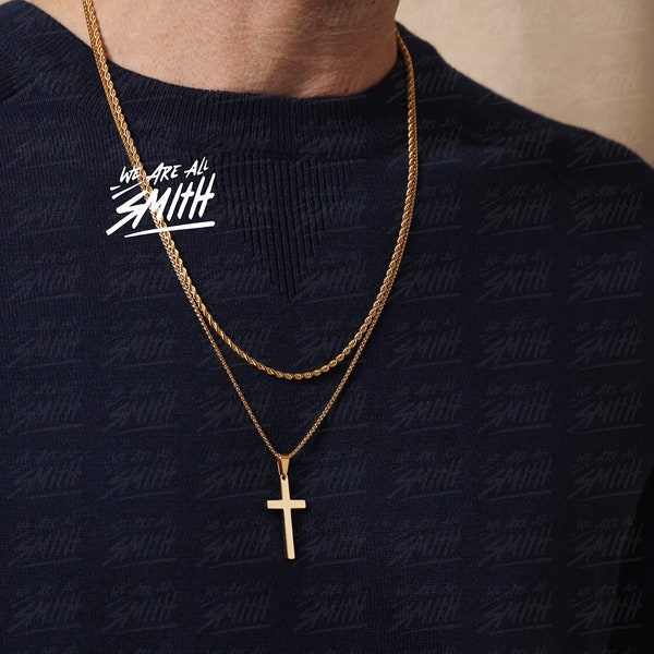 Necklace set for men - Stainless steel gold rope chain and gold cross SET OF 2 NECKLACES one rope chain necklace and one gold cross necklace