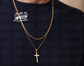 Necklace set for men - Stainless steel gold rope chain and gold cross SET OF 2 NECKLACES one rope chain necklace and one gold cross necklace