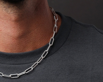 Silver Chain for Men - Large cable or clip style necklace for guys - modern, minimalist, collar, short chain jewelry - gifts for him, man