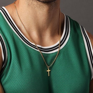 Gold Cross For Men Necklace - Cuban Chain Necklace for Man - Minimalist gold cross pendant on stainless steel 14k gold plated chain necklace