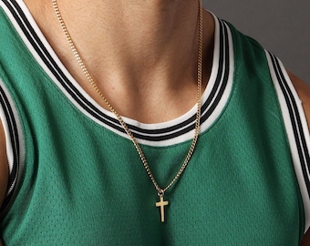 Gold Cross For Men Necklace - Cuban Chain Necklace for Man - Minimalist gold cross pendant on stainless steel 14k gold plated chain necklace
