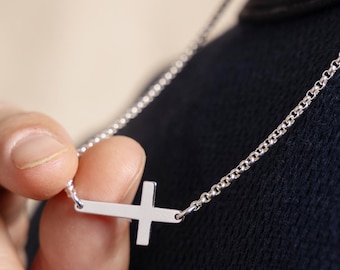 Sideways Sterling Silver Men's Cross Pendant Necklace on 2mm Sterling Silver Rolo Chain - Catholic Jewelry Gifts for Men, Son, Husband, BFF