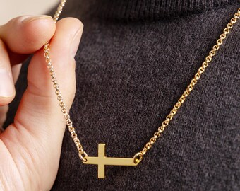 Sideways Vermeil Gold Men's Cross Pendant Necklace on 2mm 14k Gold Filled Rolo Chain - Catholic Jewelry Gifts for Men, Son, Husband, BFF