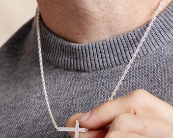 Sideways Sterling Silver Men's Cross Pendant Necklace on 2mm Sterling Silver Rope Chain - Catholic Jewelry Gifts for Men, Son, Husband, BFF