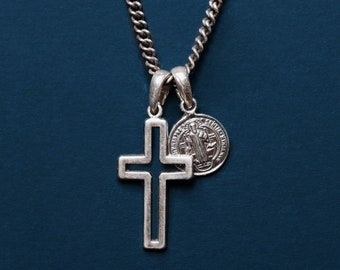 Saint Benedict Cross necklace for men - sterling silver cross pendant for man - men's jewelry - men's silver necklaces -  catholic pendant