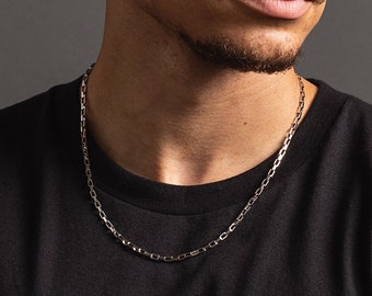 Waterproof Men's Necklace - 3mm Box Chain - 316L Shiny silver stainless steel elongated box chain for guys, unisex, dad, brother, son, bff