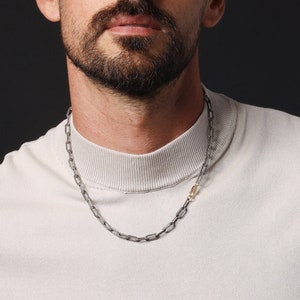 Mens Silver Necklace Chains 925 Oxidized Textured Elongated Sterling Silver Chain Necklace for Men - Unique jewelry gifts for man, son, him