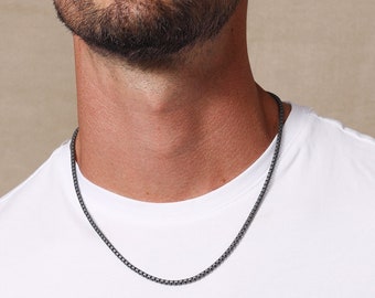 Men's Necklaces - Titanium coated over sterling - Super sleek 3mm Venetian round box chain necklace - Bold, Modern Jewelry gifts for men