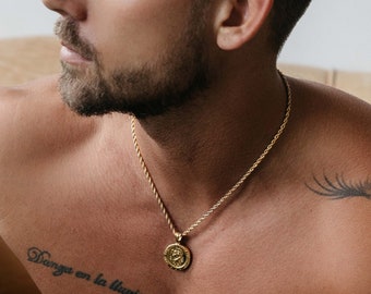 Men's Necklace 14k gold plated Stainless Steel St. Christopher Round Medal on rope chain necklace for Men - Mens Gifts - Protection Medal