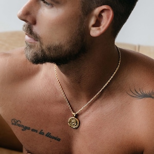 Men&#39;s Necklace 14k gold plated Stainless Steel St. Christopher Round Medal on rope chain necklace for Men - Mens Gifts - Protection Medal