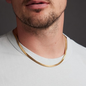 Men's Gold Chain Necklace - 5mm 14k Gold Plated 316L Stainless Steel Snake / Herringbone style link chain, minimalist sleek jewelry for guys