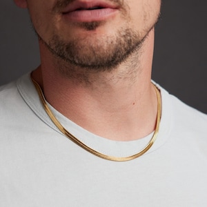 Men&#39;s Gold Chain Necklace - 5mm 14k Gold Plated 316L Stainless Steel Snake / Herringbone style link chain, minimalist sleek jewelry for guys