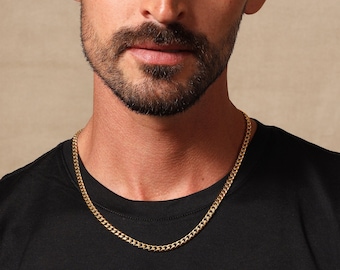 Gold Cuban Chain / 5mm 14k Gold plated over 316L Stainless Steel Bevel Cuban Thick Man Chain / Men's Gold Chains / Gifts for Guys, Son, BFF