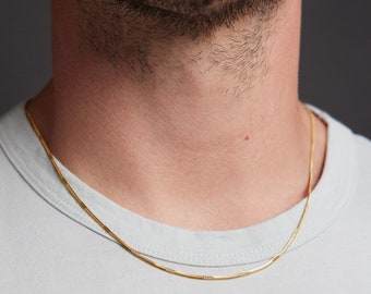Gold Men's Necklace chain - Herringbone style chain with repeating detailed pattern - 14k gold Plated 316L Stainless Steel Jewelry for him