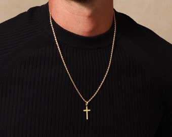 Men's Necklace Medium Gold Cross Pendant for Men - Gold Plated 316L Stainless Steel Rope chain - Catholic Cross Gift for son, uncle, brother