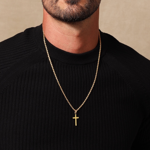 Men's Necklace Medium Gold Cross Pendant for Men - Gold Plated 316L Stainless Steel Rope chain - Catholic Cross Gift for son, uncle, brother