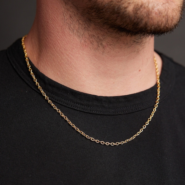 Mens gold necklace chain - Classic cable chain in 3mm - 14k Gold Plated 316L Stainless Steel - Minimalist jewelry for man, brother, son