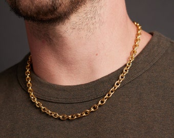 Men's Thick Gold Necklace Chain - Chunky and thick 7mm 14k Gold Plated 316L Stainless Steel Oval Cable links chain - Jewelry Gifts for him
