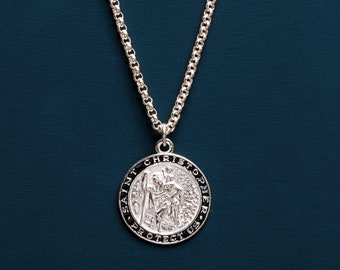 Sterling Silver St Christopher Medal Necklace for Men - Saint Christopher Round Pendant - Protection Necklace Chain - Gift for brother, son