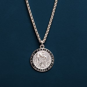 Sterling Silver St Christopher Medal Necklace for Men Saint Christopher Round Pendant Protection Necklace Chain Gift for brother, son image 1