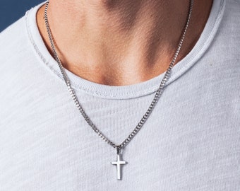 Waterproof Silver Cross Necklace for Men / 316L stainless steel, short or long cuban link style chain for guys / Jewelry gifts for men, guys