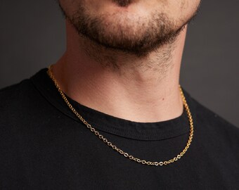 Men's Gold Chain Necklace - 3mm 14k Gold Plated 316L Stainless Steel classic cable chain necklace - Many lengths SHIPS FAST from CA