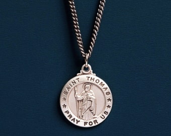 Saint Thomas the Apostle Men's Necklace - 925 Sterling silver medal for Men - St Thomas round medal on curb chain for men, dad, son, bff