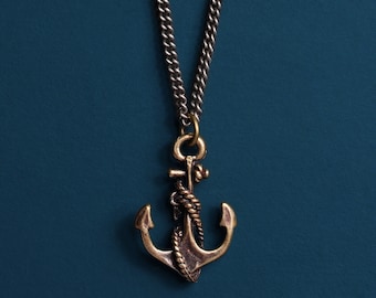 Men's Necklaces - Bronze anchor necklace on 925 darkened silver curb chain - Nautical inspired jewelry for guys, graduation, moving away