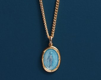Men's Gold Medal - Miraculous medal with blue enamel - 14k Gold Filled Chain with Vermeil Gold Pendant / Father's Day gifts for him