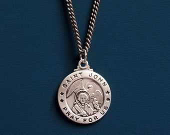 Saint John Sterling Silver Medal for Men - Patron saint of Love, loyalty, friendships, authors, burn-victims, scholars - Jewelry for guys