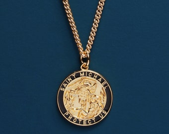 Saint Michael Protection Angel Round Vermeil Gold Pendant for Men 14k Gold Filled Curb Chain Jewelry gifts for Men, Husband gift, Engagement