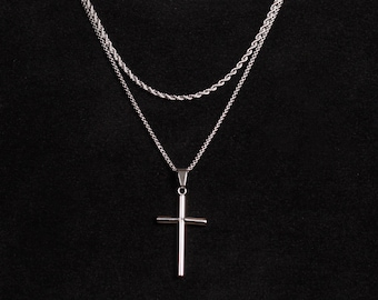 Waterproof  SET OF 2 NECKLACES one silver rope chain necklace and one large cross necklace - Mens Necklace set - Sweatproof Stainless steel