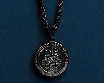Mens Necklaces - Black coated 316L Stainless Steel Saint Christopher Medal on 3mm black stainless steel style rope chain - Gifts for Men