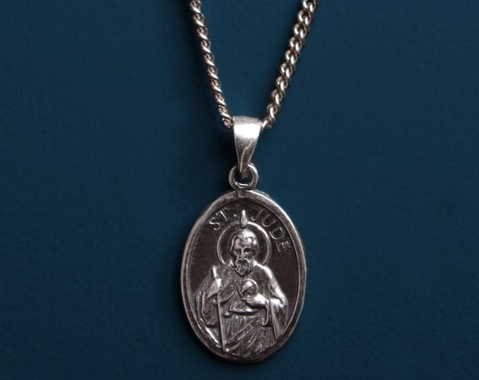 St. Jude Sterling Silver Oval Medal Necklace / San Judas Men's Necklace ...