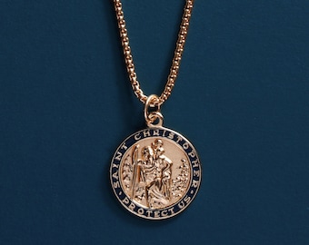 Men's Necklace Gold Saint Christopher Round Medal - 14k Gold Filled chain with Vermeil Gold dark navy enamel pendant / Gifts for him