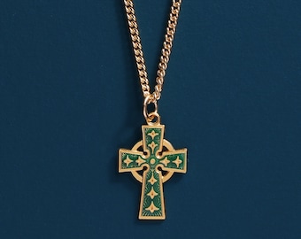 Men's Necklaces - Gold Celtic Cross with Green enamel - 14k Gold Filled chain with Vermeil gold Pendant / Gifts for him / Cross for Man