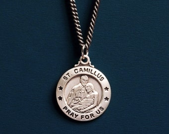 Saint Camillus Round Medal in Oxidized Sterling Silver for Men - Silver round catholic saint medals for guys, son, brother, husband, uncle