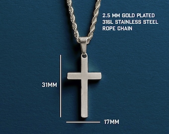 Waterproof Men's Necklace - Large Silver Cross Pendant for Men - 316L Stainless Steel Rope chain - Catholic Cross - Father's Day gifts