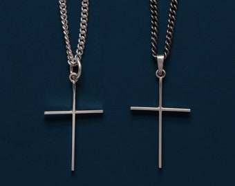 Minimalist Sterling Silver Cross Pendant - Sleek, lightweight, modern, geometric cross necklace for Men - Shiny or oxidized Jewelry for him