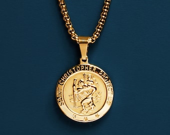 Men's Necklace - 14k gold plated stainless steel saint Christopher medal on round box chain - Protection necklace for men, son, brother