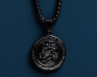 Mens Jewelry - Black coated St Christopher Saint round Medal on 3mm round box stainless steel black chain - Gifts for Men - Protection saint