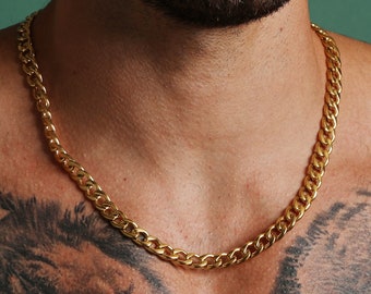 9mm gold curb chain necklace for men - Men's thick gold chain necklace - Gold curb chain 14k plated over stainless steel - Chunky men chain