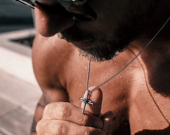 Waterproof Men's Cross Necklace - Silver Cross Necklace for Men - Stainless Steel Nail Cross pendant - Gifts for Dad - 3 nails Jesus Cross