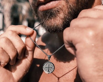 Waterproof Men's Jewelry - St. Benedict Medal - Silver San Benito Men's Medal Necklace - Necklace for Men - Gifts for Him, Gifts for Dad