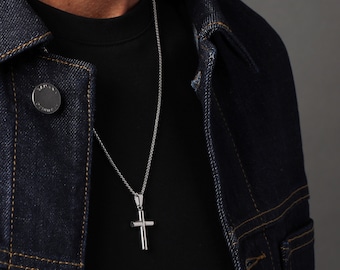 Waterproof Men's Cross Pendant Necklace - 316L Stainless Steel Medium Bamboo Style Cross Pendant Jewelry present for Son, Husband, Boyfriend