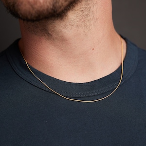 Yellow Gold Men's Necklace - 1mm thin and minimalist tube like snake chain for guys - 14k Gold plated 316L Stainless steel jewelry chain