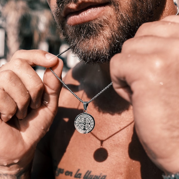 Waterproof Men's Jewelry - St. Benedict Medal - Silver San Benito Men's Medal Necklace - Necklace for Men - Gifts for Him, Gifts for Dad