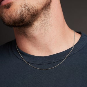May include: A silver chain necklace worn by a person with a dark blue shirt.