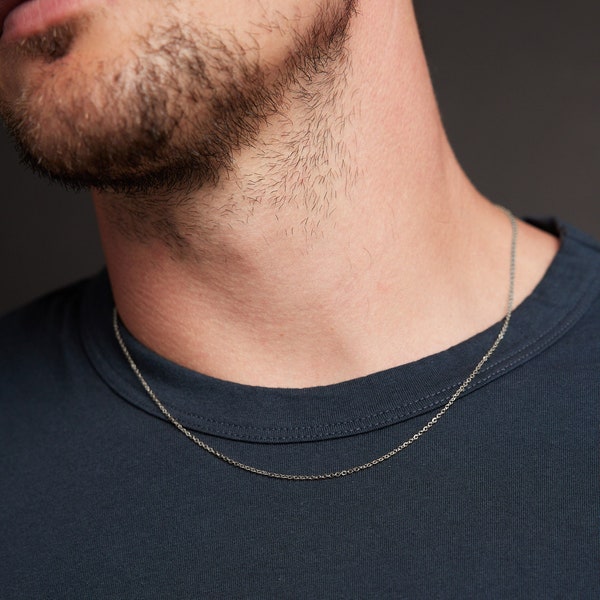 Water-proof Sweat-proof Silver chain neckalce for men - THIN 1mm cable chain necklace for guys - Minimalist jewelry gifts for men, son, bro